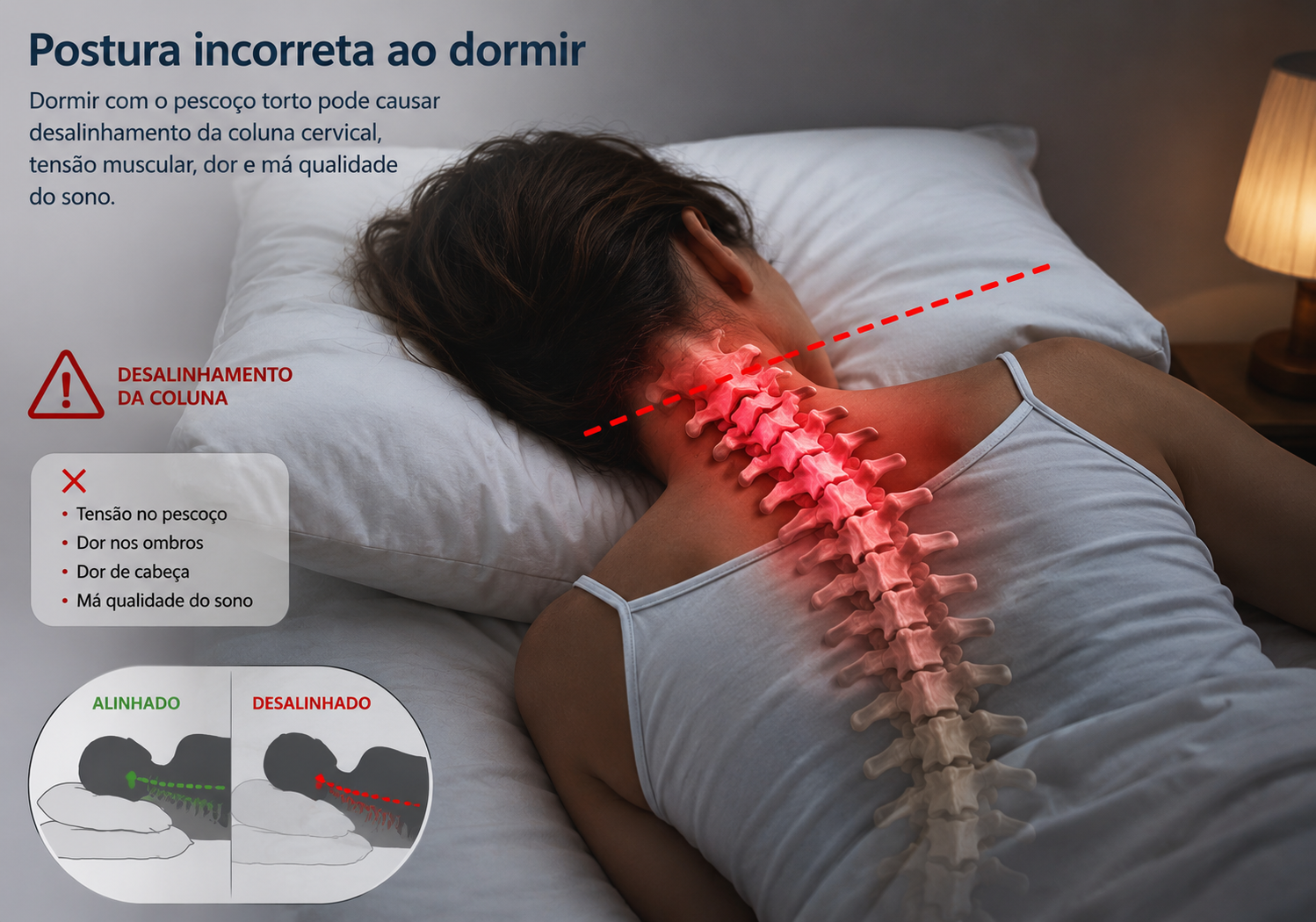 Pessoa a dormir com pescoço desalinhado, coluna em vermelho