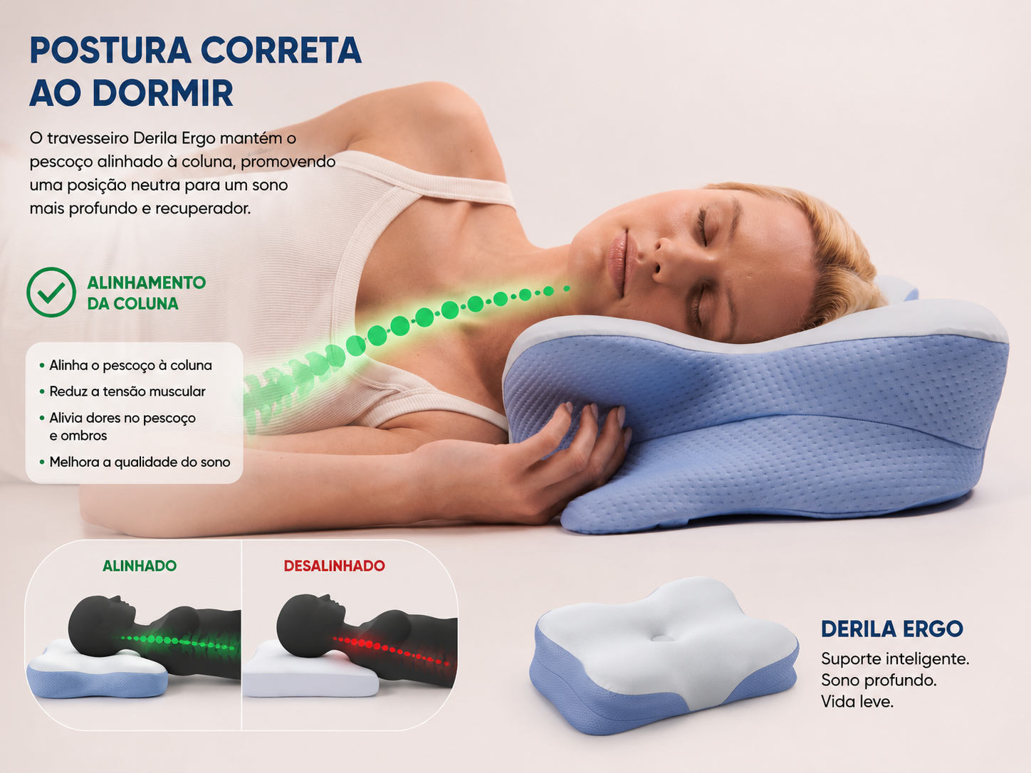 Pessoa a dormir com pescoço alinhado no Derila, coluna em verde
