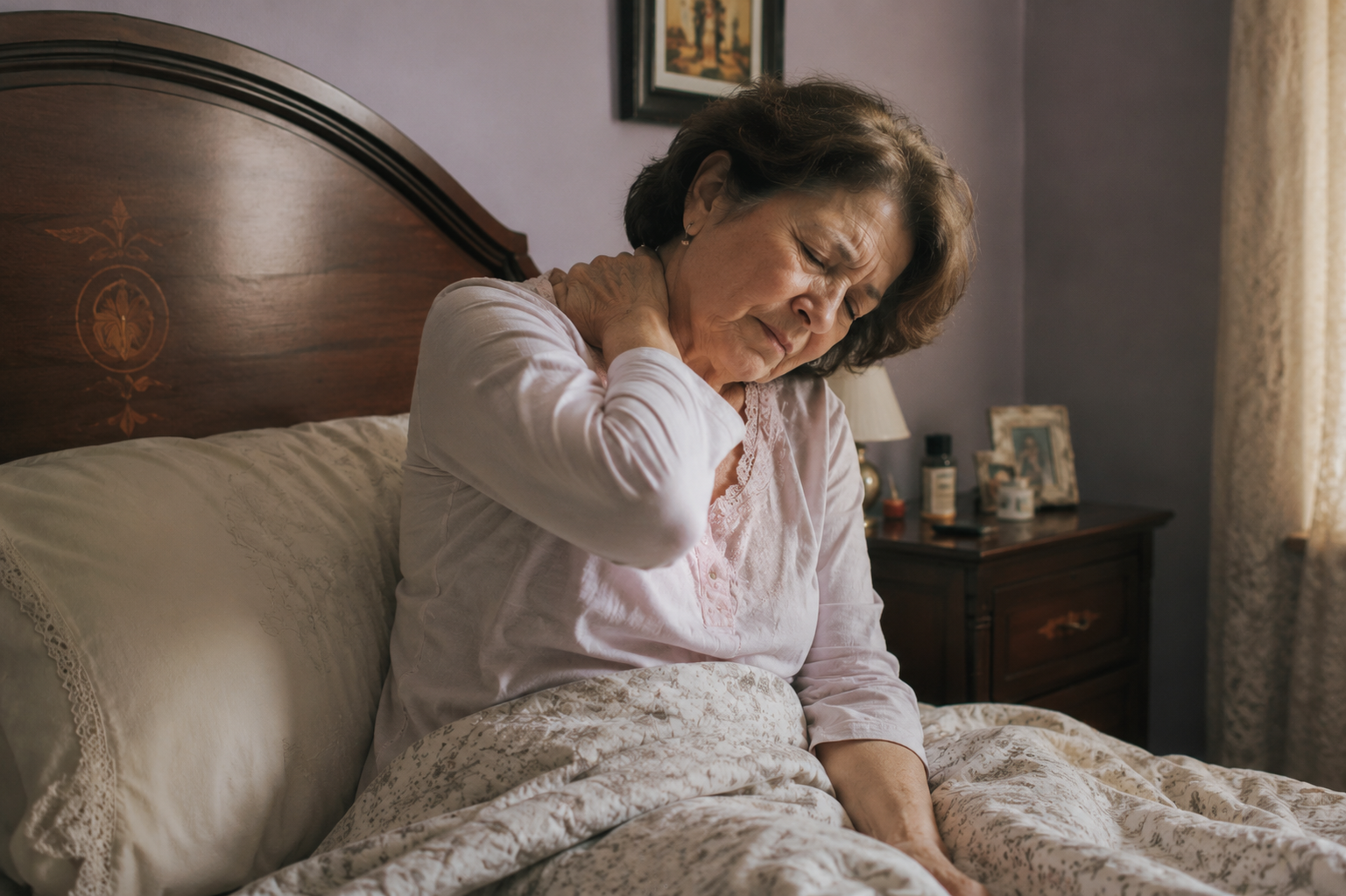 Senhora idosa com expressão de dor, mão na nuca